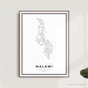 Impression de carte du Malawi, affiche de carte des rues du Malawi, Afrique, carte minimaliste moderne, oeuvre d'art murale de bureau, cadeau d'anniversaire de pendaison de crémaillère | MW521