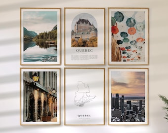 Quebec Wall Art Set of 6, Canada Travel Prints, City Map and Photo Poster Collection