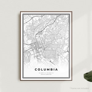 Columbia Mapa Wydruk, Columbia Mapa Ulic Plakat, Karolina Południowa, Nowoczesna Minimalistyczna Mapa, Sztuka Ścienna Do Biura, Prezent Urodzinowy Na Parapetówkę | MU192