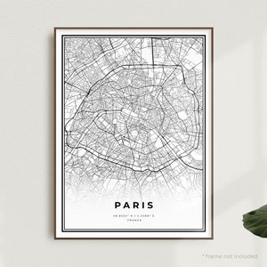 Paris Karte Print, Paris Street Map Poster, Frankreich, moderne minimalistische Karte, Bürowandkunst, Housewarming Geburtstagsgeschenk | MW120