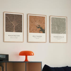 Set von 3 Retro Stadtkarten, neutrale Erdtöne, Beige Taupe minimalistisches benutzerdefiniertes Straßen der Stadt Poster, Vintage Wandkunst