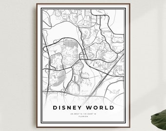 Disneyworld Map Print, Disney World Map Poster, Florida, Modern Minimalist Map, Office Wall Art, Housewarming Birthday Gift | MU501