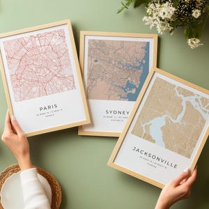 Lot de 3 plans de la ville personnalisés, palettes de couleurs design, affiches personnalisées des villes, rues et lieux d'origine, art mural carte moderne pour bureau à domicile |19