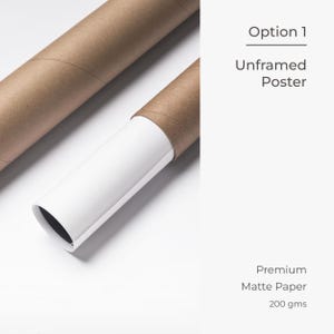 May include: A rolled up white poster with brown paper wrapping. The text "Option 1 Unframed Poster" is printed above the text "Premium Matte Paper 200 gms".