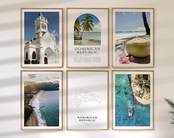 Dominican Republic Wall Art Set of 6, Travel Prints, Country Map and Photo Poster Collection