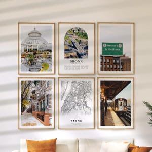 May include: A set of six framed art prints featuring images of the Bronx, New York. The prints include a botanical garden, highway overpass, a "Welcome to the Bronx" sign, street scenes, a map, and a subway station.
