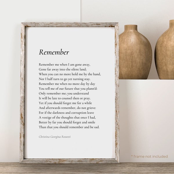 Remember by Christina Georgina Rossetti Poem Print - Poetry Print Gift, Literaty Poster, Poem Wall Art, Poem Poster, Home Decor Print | PE75