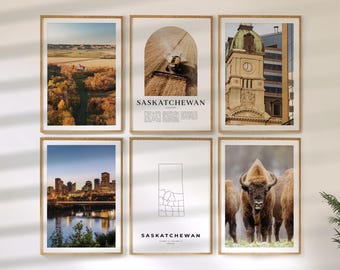 Saskatchewan Wall Art Set of 6, Canada Travel Prints, City Map and Photo Poster Collection