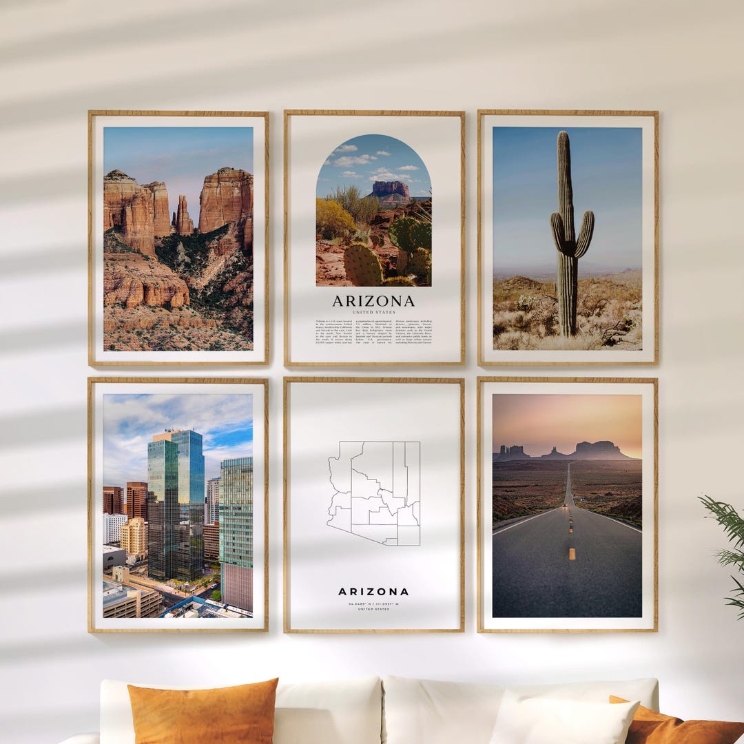 Arizona Wall Art Set of 6, Nature Travel Prints, State Map and ...