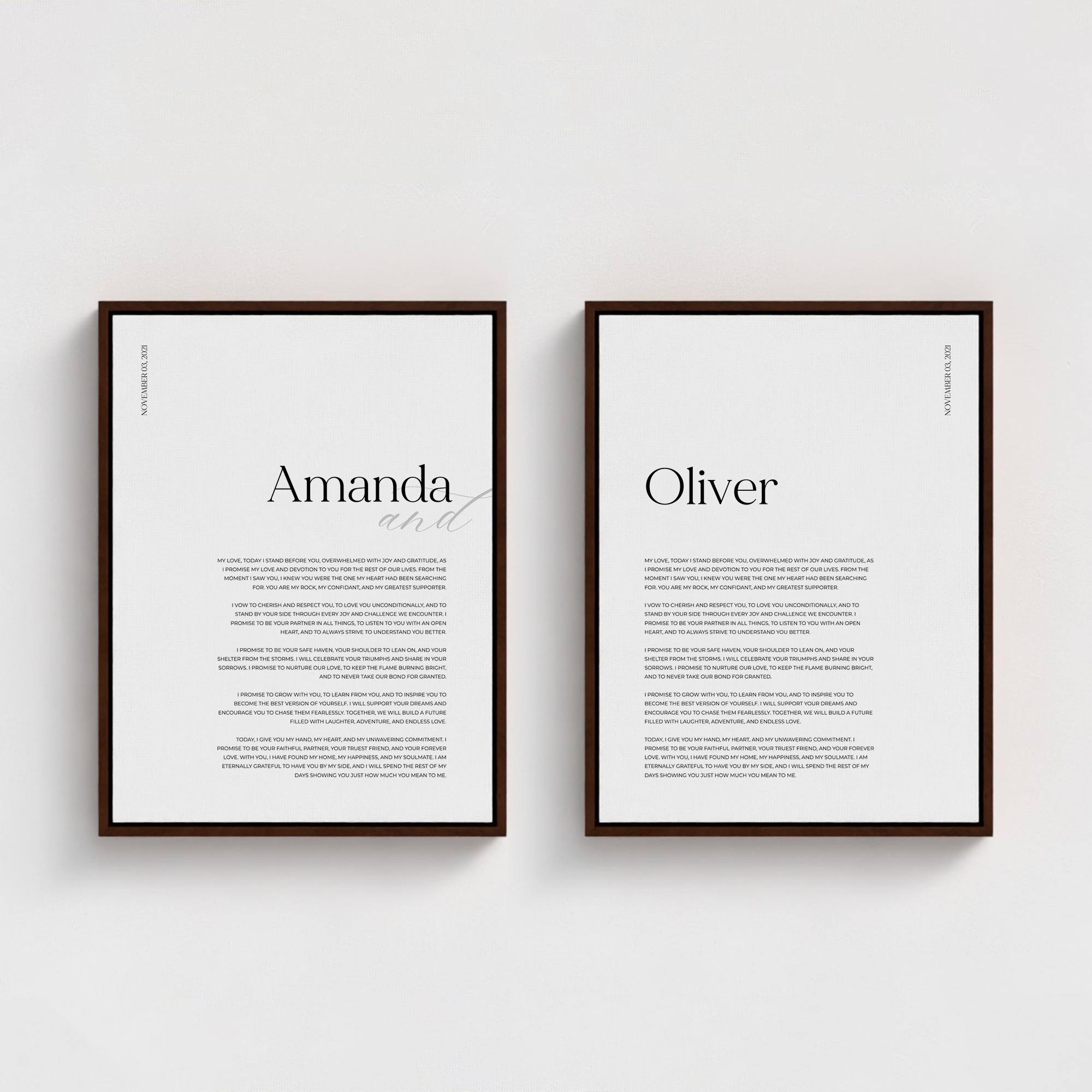 Custom Wedding Vows Canvas Set - His & Hers Anniversary Keepsake