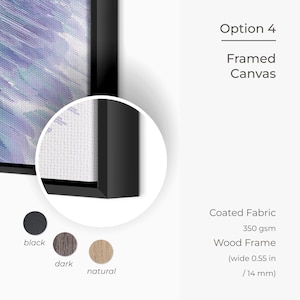 May include: A framed canvas print with a black frame. The canvas is coated fabric with a 350 gsm weight. The frame is made of wood and is 0.55 inches wide.