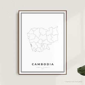 Impression de carte du Cambodge, affiche de carte des rues du Cambodge, Asie, carte minimaliste moderne, oeuvre d'art murale de bureau, cadeau d'anniversaire de pendaison de crémaillère | MW553