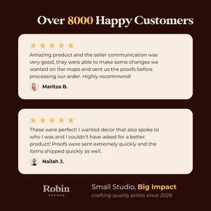May include: Two customer testimonials with five-star ratings for a small business called Robin Studio. The text reads "Over 8000 Happy Customers" and "Small Studio, Big Impact crafting quality prints since 2020".