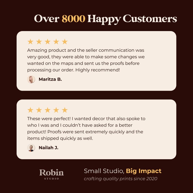 May include: Two customer testimonials with five-star ratings for a small business called Robin Studio. The text reads "Over 8000 Happy Customers" and "Small Studio, Big Impact crafting quality prints since 2020".