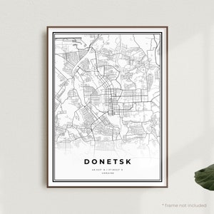 Impression de carte de Donetsk, affiche du plan des rues de Donetsk, Ukraine, carte minimaliste moderne, oeuvre d'art murale de bureau, cadeau d'anniversaire de pendaison de crémaillère | MW277