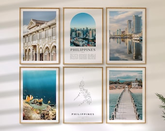 Philippines Wall Art Set of 6, Travel Prints, Country Map and Photo Poster Collection