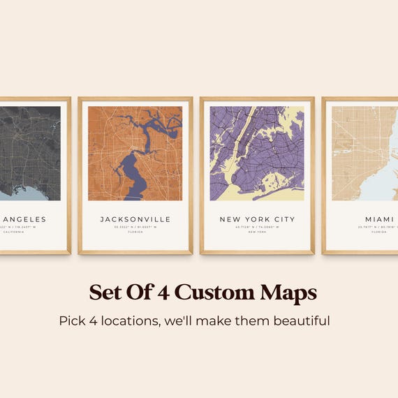 Set of 4 Personalized City Map Prints, Modern Color Palettes, Custom Location Art