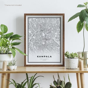 Impression de carte de Kampala, poster plan des rues de Kampala, Ouganda, carte minimaliste moderne, oeuvre d'art murale de bureau, cadeau d'anniversaire de pendaison de crémaillère | MW231