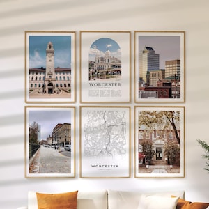 Arte mural de la galería Worcester / Juego de 6 láminas coloridas, fotos de viajes a Massachusetts, colección de pósteres de EE. UU.
