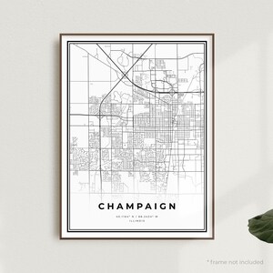 Stampa mappa Champaign, poster mappa stradale Champaign, Illinois, mappa minimalista moderna, arte murale per ufficio, regalo di compleanno per inaugurazione della casa / MU385