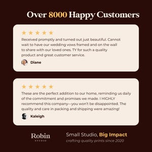 K&ouml;nnte beinhalten: Dunkelbraune Grafik mit Kundenbewertungen. Der Text lautet "Over 8000 Happy Customers". Zwei Kundenrezensionen mit F&uuml;nf-Sterne-Bewertungen werden angezeigt. Das Logo von Robin Studio und der Slogan "Small Studio, Big Impact" sind ebenfalls sichtbar.
