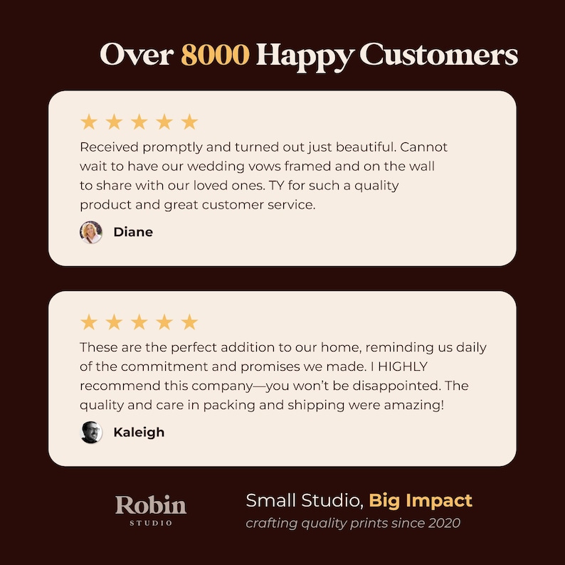 K&ouml;nnte beinhalten: Dunkelbraune Grafik mit Kundenbewertungen. Der Text lautet "Over 8000 Happy Customers". Zwei Kundenrezensionen mit F&uuml;nf-Sterne-Bewertungen werden angezeigt. Das Logo von Robin Studio und der Slogan "Small Studio, Big Impact" sind ebenfalls sichtbar.