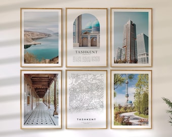Tashkent Wall Art Set of 6, Uzbekistan Travel Prints, City Map and Photo Poster Collection