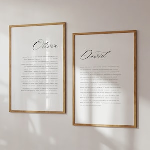 Set di voti nuziali personalizzati, regalo di voti personalizzati per lei e per lui, tela con voti incorniciata, arte moderna dei voti di calligrafia, regalo di anniversario di matrimonio / TE01