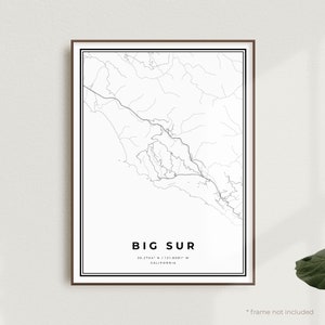 Impression de carte de Big Sur, affiche de carte de rue de Big Sur, Californie, carte minimaliste moderne, art mural de bureau, cadeau d'anniversaire de pendaison de crémaillère | MU515