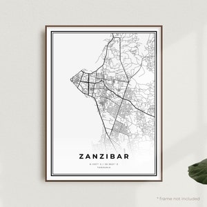 Impression carte de Zanzibar, poster plan des rues de Zanzibar, Tanzanie, carte minimaliste moderne, oeuvre d'art murale de bureau, cadeau d'anniversaire de pendaison de crémaillère | MW543