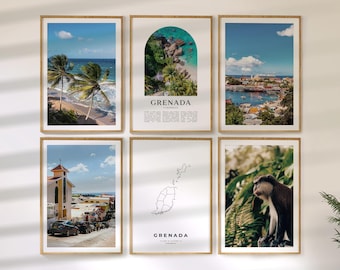 Grenada Wall Art Set of 6, Travel Prints, Country Map and Photo Poster Collection