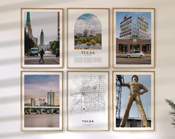 Tulsa Wall Art Set of 6, Oklahoma Travel Prints, City Map and Photo Poster Collection