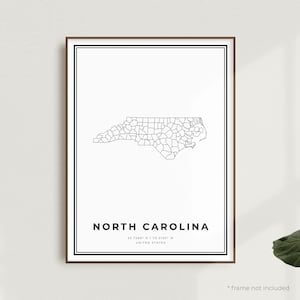 Impression de carte de Caroline du Nord, affiche de carte des rues de Caroline du Nord, États-Unis, carte minimaliste moderne, cadeau d'anniversaire de pendaison de crémaillère | MU553