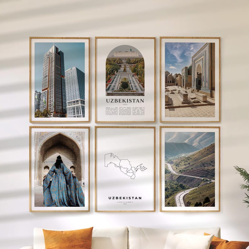 May include: Six framed art prints featuring images of Uzbekistan. The prints include a cityscape, a garden with a building, a historical building, a person in traditional clothing, a map, and a mountain road. The frames are made of light brown wood.
