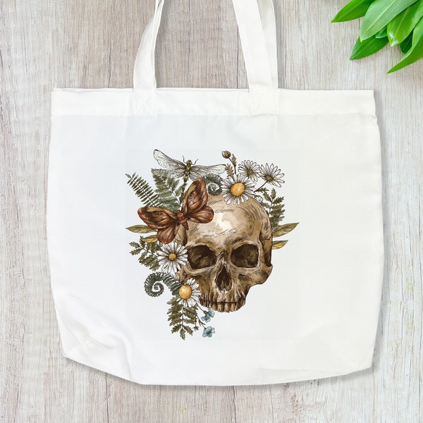Skull Tote bags, Goblin core tote bag, Skull and flowers tote, Skull and leaves tote, cottage core tote, reusable shopping bag, aesthetic