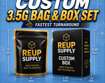 Custom Packaging – 3.5G Bag & Box Set | 4"×5" Mylar Bag + Small Cereal Box | Made in Phoenix, AZ | Re-Up Supply Co. | Fastest Turnaround
