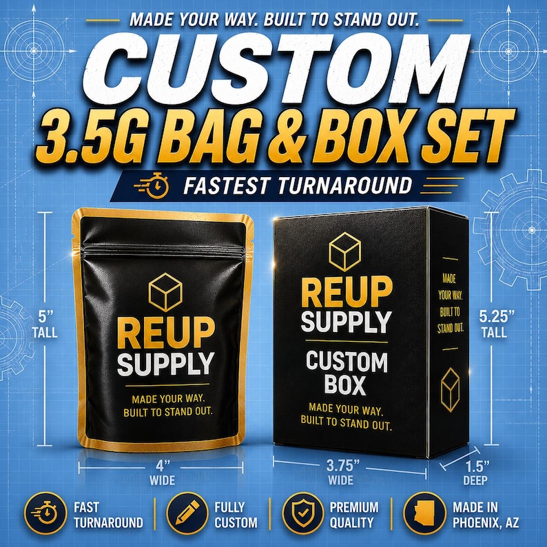 May include: A black and gold custom 3.5G bag and box set. The bag is 12.7 cm tall and 10.16 cm wide. The box is 13.34 cm tall, 9.53 cm wide, and 3.81 cm deep. The text on the bag and box reads "REUP SUPPLY".