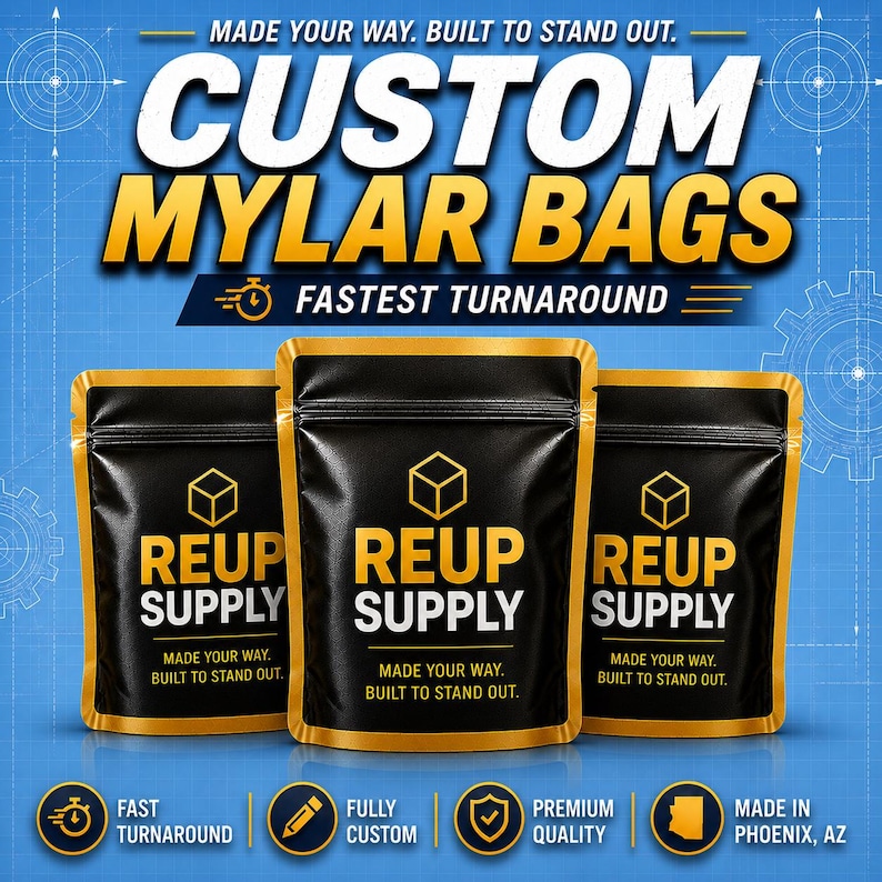 “Custom Mylar Bags by Re-Up Supply Co. shown in multiple sizes and finishes, featuring clean full-color branding and premium retail presentation.”