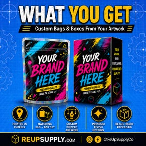 May include: An advertisement for custom packaging solutions. The image shows a stand-up pouch and a box, both with the text "YOUR BRAND HERE" in pink and blue. Additional text includes "WHAT YOU GET" and "Custom Bags & Boxes From Your Artwork."