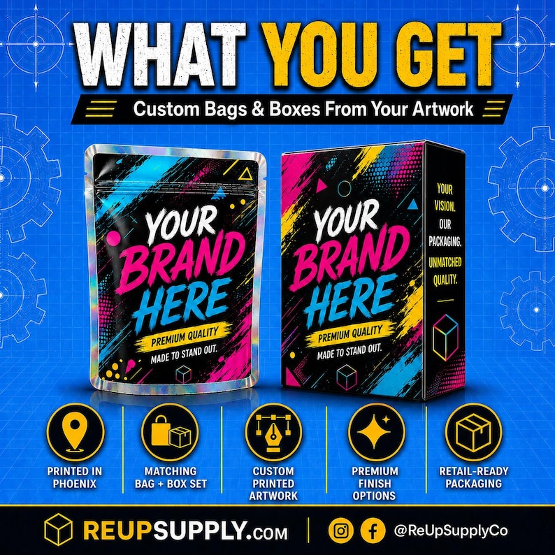 May include: An advertisement for custom packaging solutions. The image shows a stand-up pouch and a box, both with the text "YOUR BRAND HERE" in pink and blue. Additional text includes "WHAT YOU GET" and "Custom Bags & Boxes From Your Artwork."
