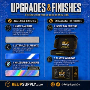May include: Informational graphic detailing packaging upgrades and finishes. Options include matte, ultragloss, and holographic laminates, plus inside box printing and plastic windows. The text reads "UPGRADES & FINISHES".
