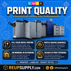 May include: A blue and white graphic promoting print services. The image features large printing machines and text that reads "PRINT QUALITY" and "REUPSUPPLY.COM". Additional text highlights full-color digital printing, photo and graphic sharpness, low minimums, and decades of experience.