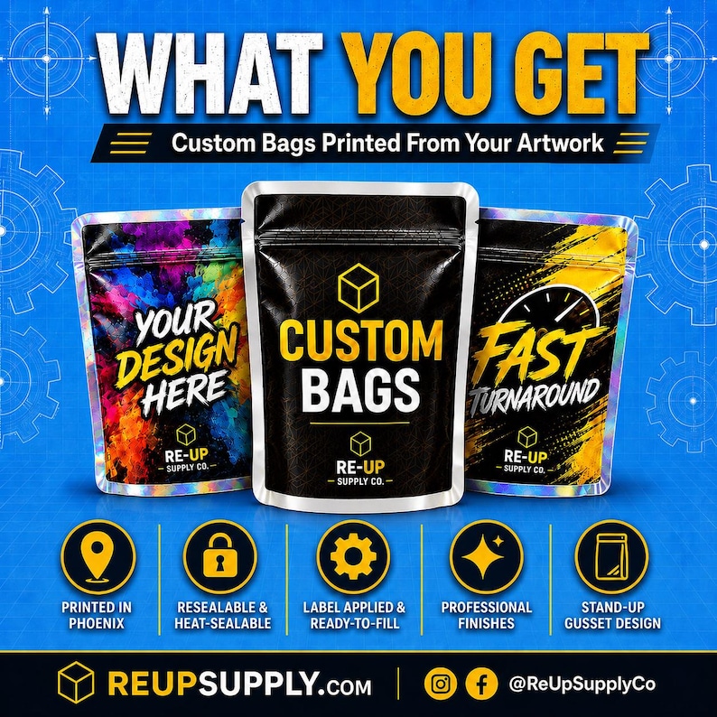 3.5g, 7g, 1/2 oz, 1 oz, and 1 lb custom Mylar bag size comparison – Re-Up Supply Co.