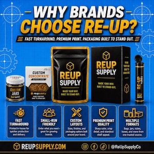 May include: An advertisement for Re-Up Supply, showcasing various packaging options. The image features custom jars, concentrate envelopes, bags, boxes, and tubes. Text highlights fast turnaround, small-run friendliness, custom layouts, premium print quality, and multiple formats.