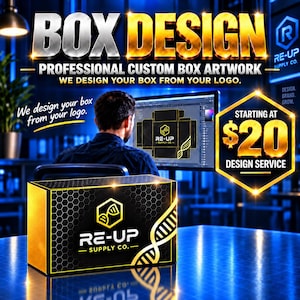 May include: A black and gold rectangular box with a hexagonal pattern and a DNA helix graphic featuring the text RE-UP SUPPLY CO. The image includes text stating BOX DESIGN, PROFESSIONAL CUSTOM BOX ARTWORK, and STARTING AT $20 DESIGN SERVICE.
