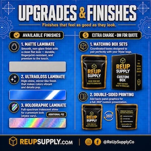 May include: Informational graphic showcasing packaging upgrades and finishes. Features include matte, ultra-gloss, and holographic laminates, along with matching box sets and double-sided printing options. The text "REUP SUPPLY" is prominently displayed.