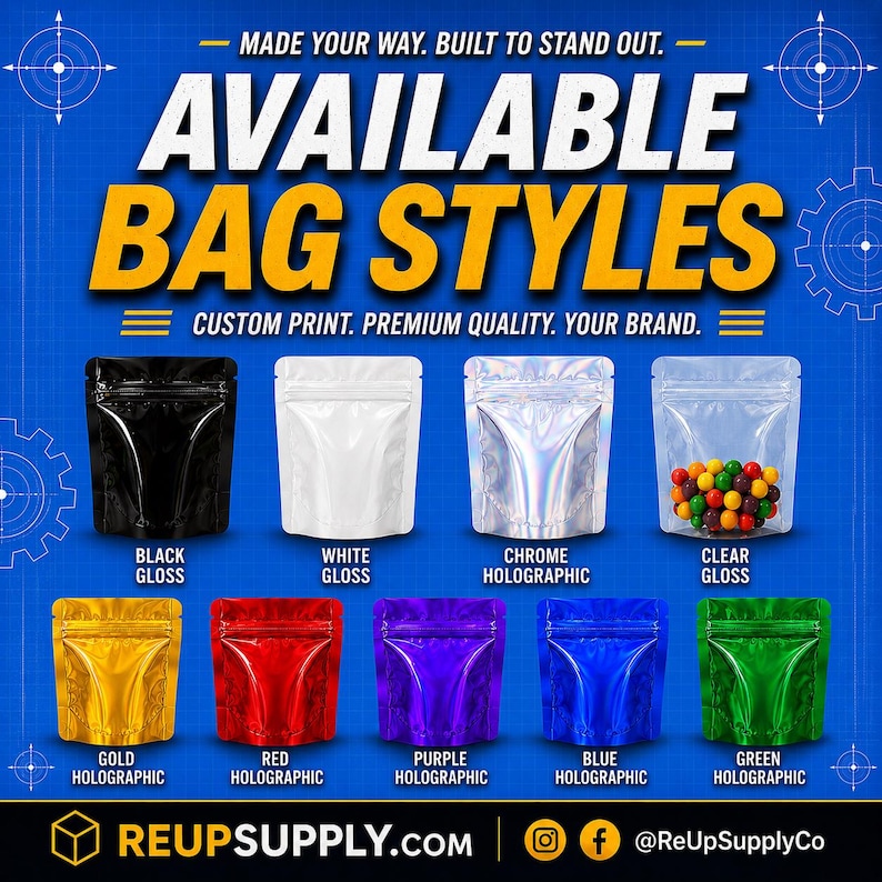 Selection of Re-Up Supply Co. custom Mylar bags