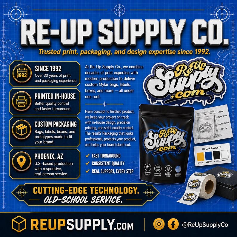 May include: A promotional graphic for Re-Up Supply Co. features a dark blue background with white text. It highlights print, packaging, and design expertise since 1992. The image includes examples of custom packaging, a colour palette, and a roll of labels.