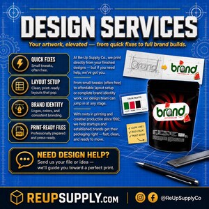May include: A promotional graphic for design services. The image features the text "DESIGN SERVICES" and details about quick fixes, layout setup, brand identity, and print-ready files. It includes a colour palette, a black package with a watermelon design, and the ReUpSupply.com logo.