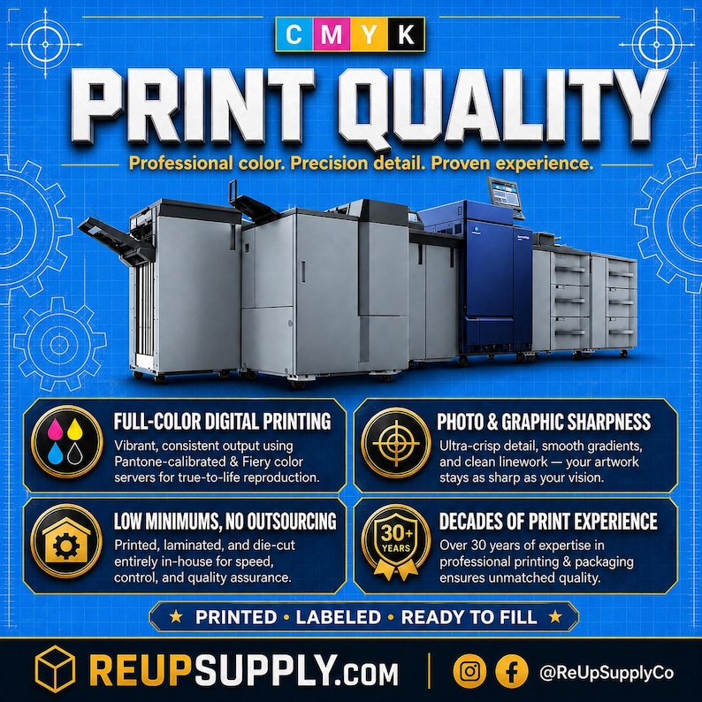 May include: A promotional graphic for print services, featuring large printing machines and the text "PRINT QUALITY". The image also includes the text "REUPSUPPLY.COM" and details about full-color digital printing, photo sharpness, low minimums, and decades of experience.